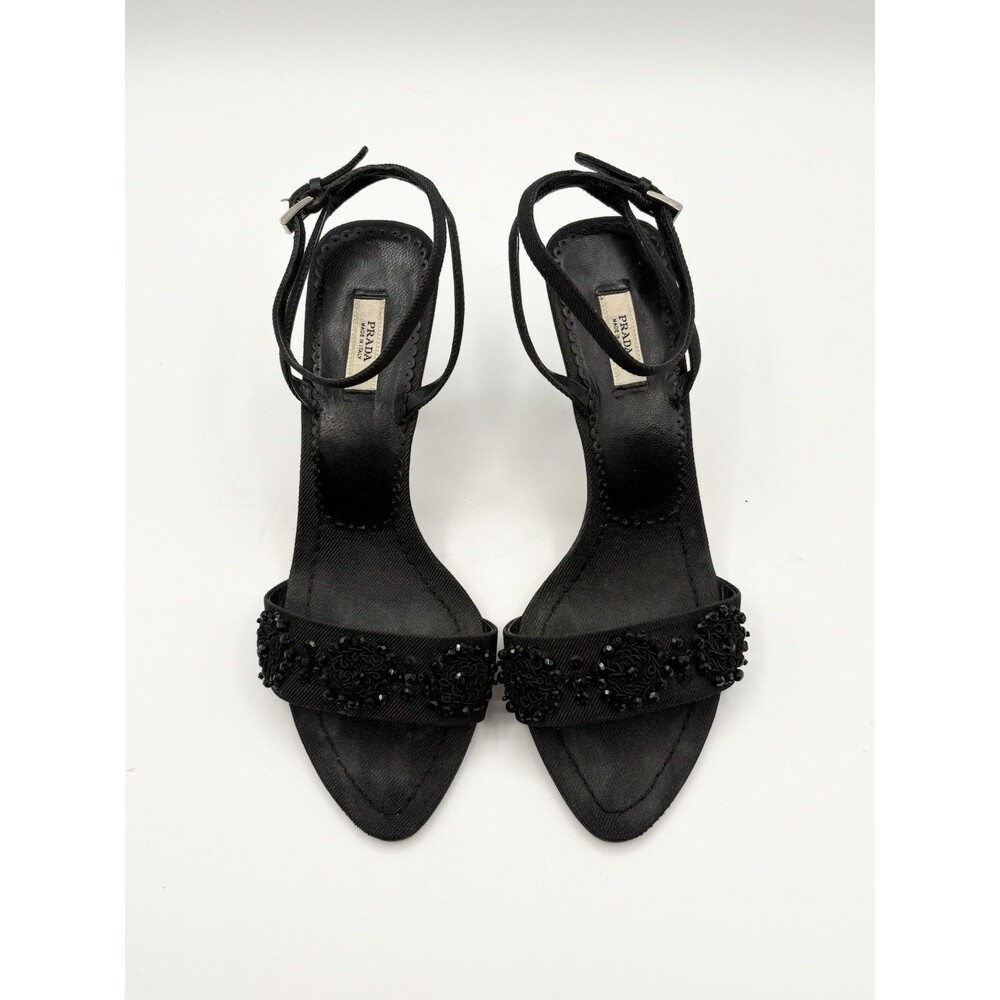 Prada Black Canvas Heels w/ Beaded Rhinestone Accent Floral Mules EU 35.5